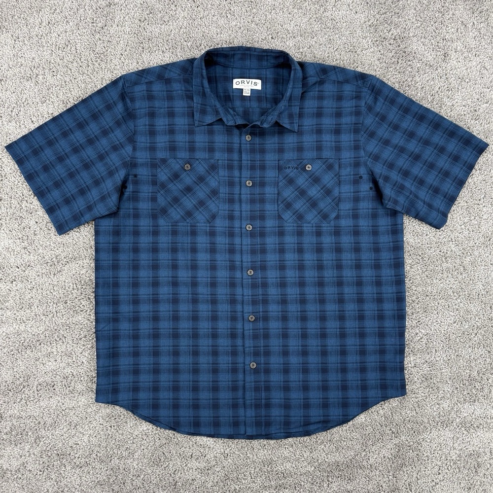 Orvis Tech Chambray Shirt Men XL Plaid Short Sleeve Button Down Fishing Outdoors